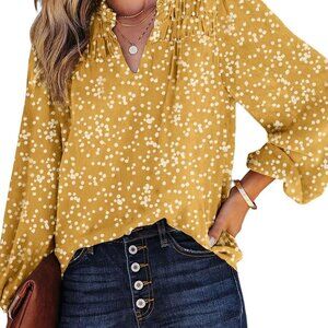 Women's Casual V Neck Alicia Floral Print Smocked Long Sleeve Chiffon Blouses Bo
